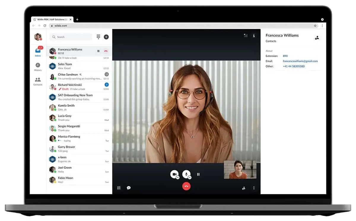 Wildix videoconference Laptop with the browser tab, showing the Wildix Unified Communications Solution